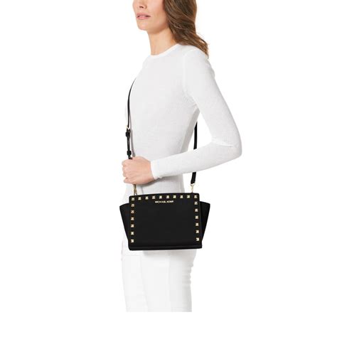 michael michael kors selma medium studded leather messenger black|Selma Medium Saffiano Leather Messenger Bag .